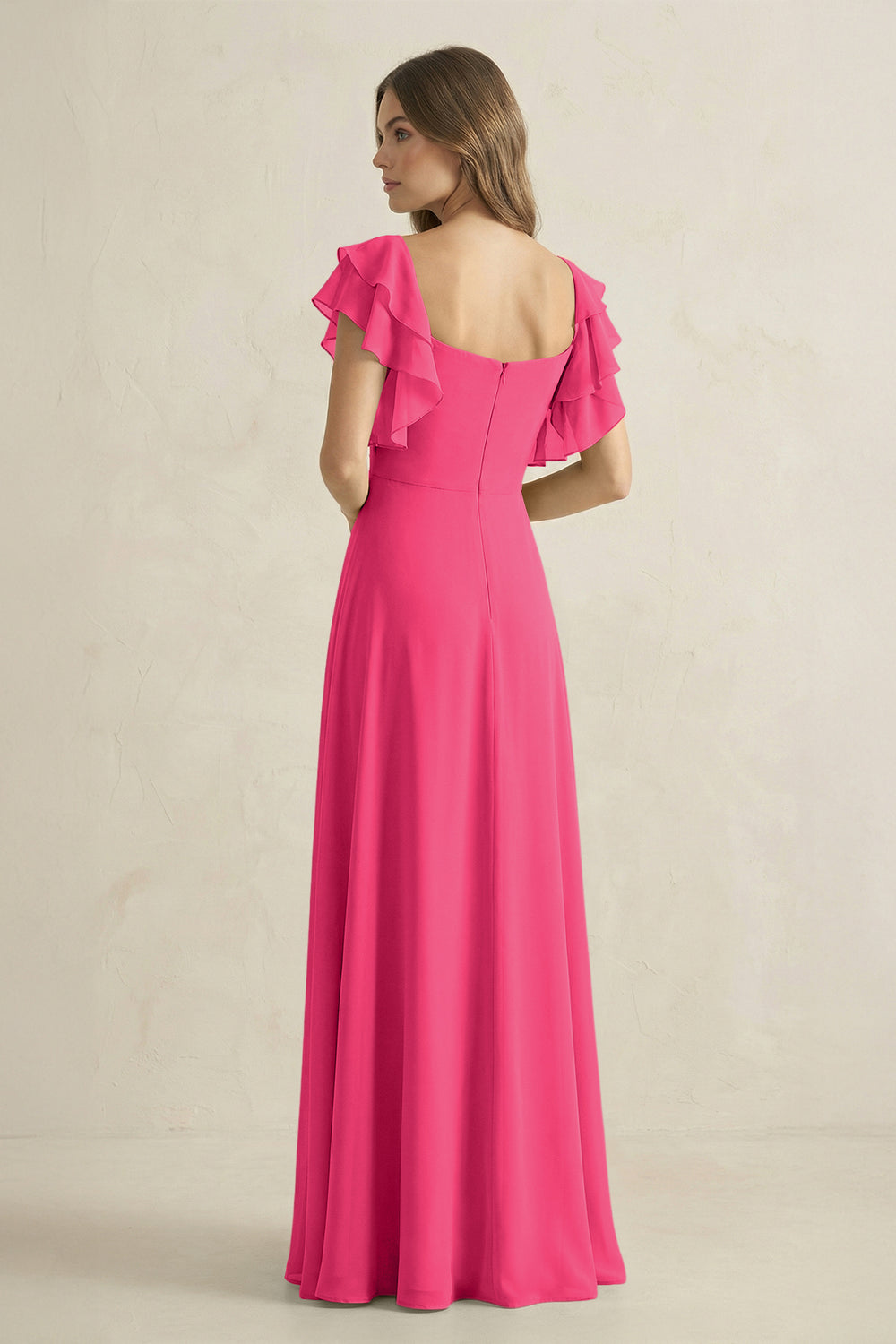 Ruffled Sleeves A-Line Chiffon Bridesmaid Dress in Fuchsia