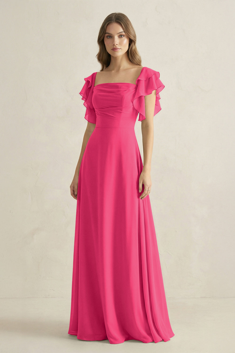 Ruffled Sleeves A-Line Chiffon Bridesmaid Dress in Fuchsia