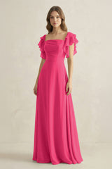 Fuchsia Ruffled Sleeves A-Line Chiffon Bridesmaid Dress | KISSBRIDAL
