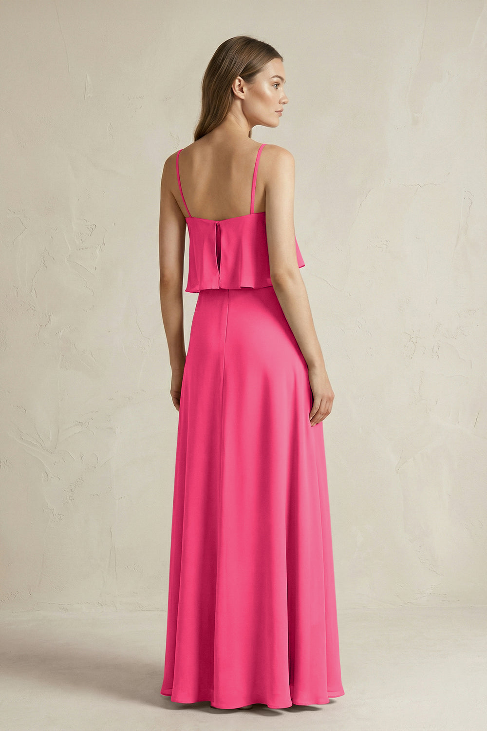Ruffled Spaghetti Strap A-Line Chiffon Bridesmaid Dress in Fuchsia