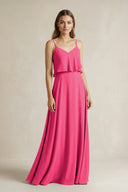 Fuchsia Ruffled Spaghetti Strap A-Line Chiffon Bridesmaid Dress in Fuchsia | KISSBRIDAL