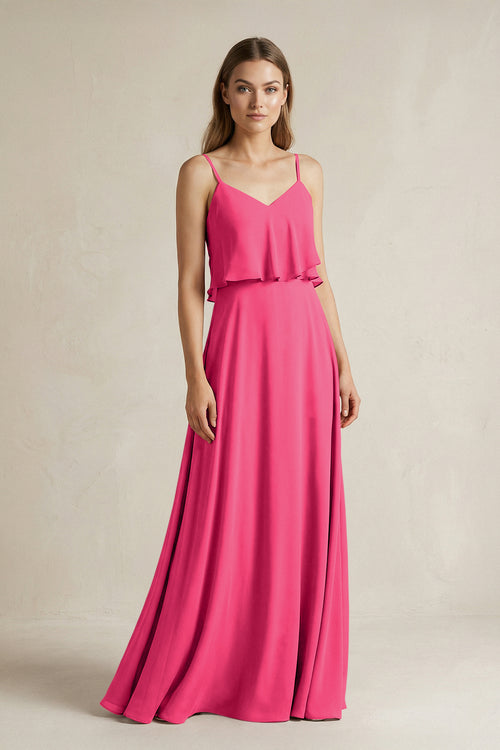 Fuchsia Ruffled Spaghetti Strap A-Line Chiffon Bridesmaid Dress in Fuchsia | KISSBRIDAL