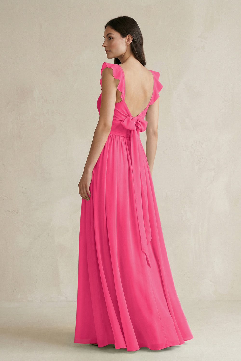 Ruffled Spaghetti Strap Chiffon A-Line Bridesmaid Dress in Fuchsia
