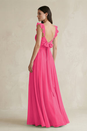 Fuchsia Ruffled Spaghetti Strap Chiffon A-Line Bridesmaid Dress (2) | KISSBRIDAL
