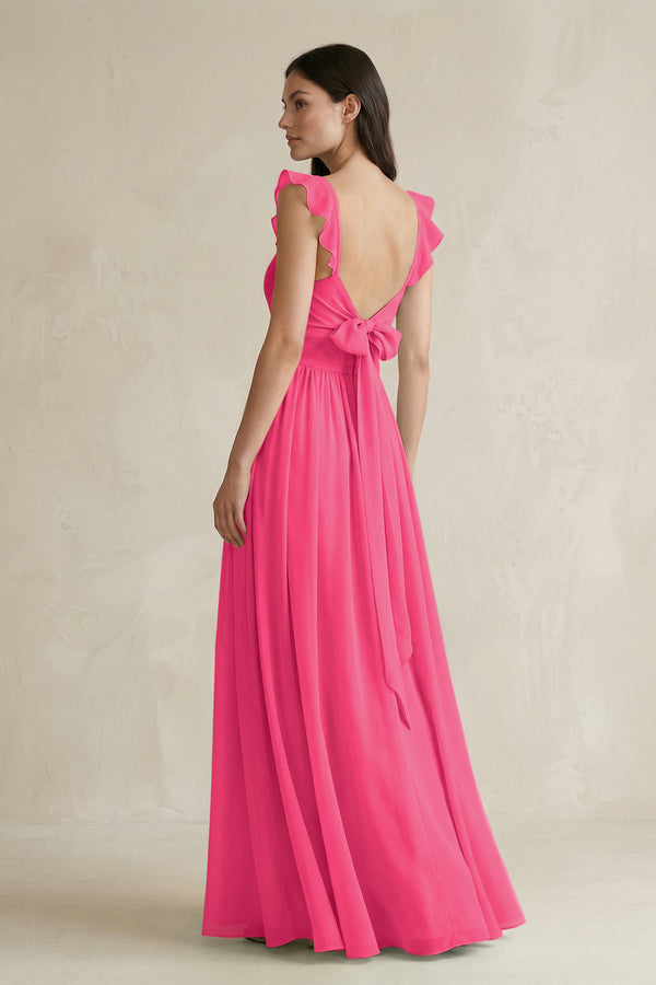 Fuchsia Ruffled Spaghetti Strap Chiffon A-Line Bridesmaid Dress (2) | KISSBRIDAL