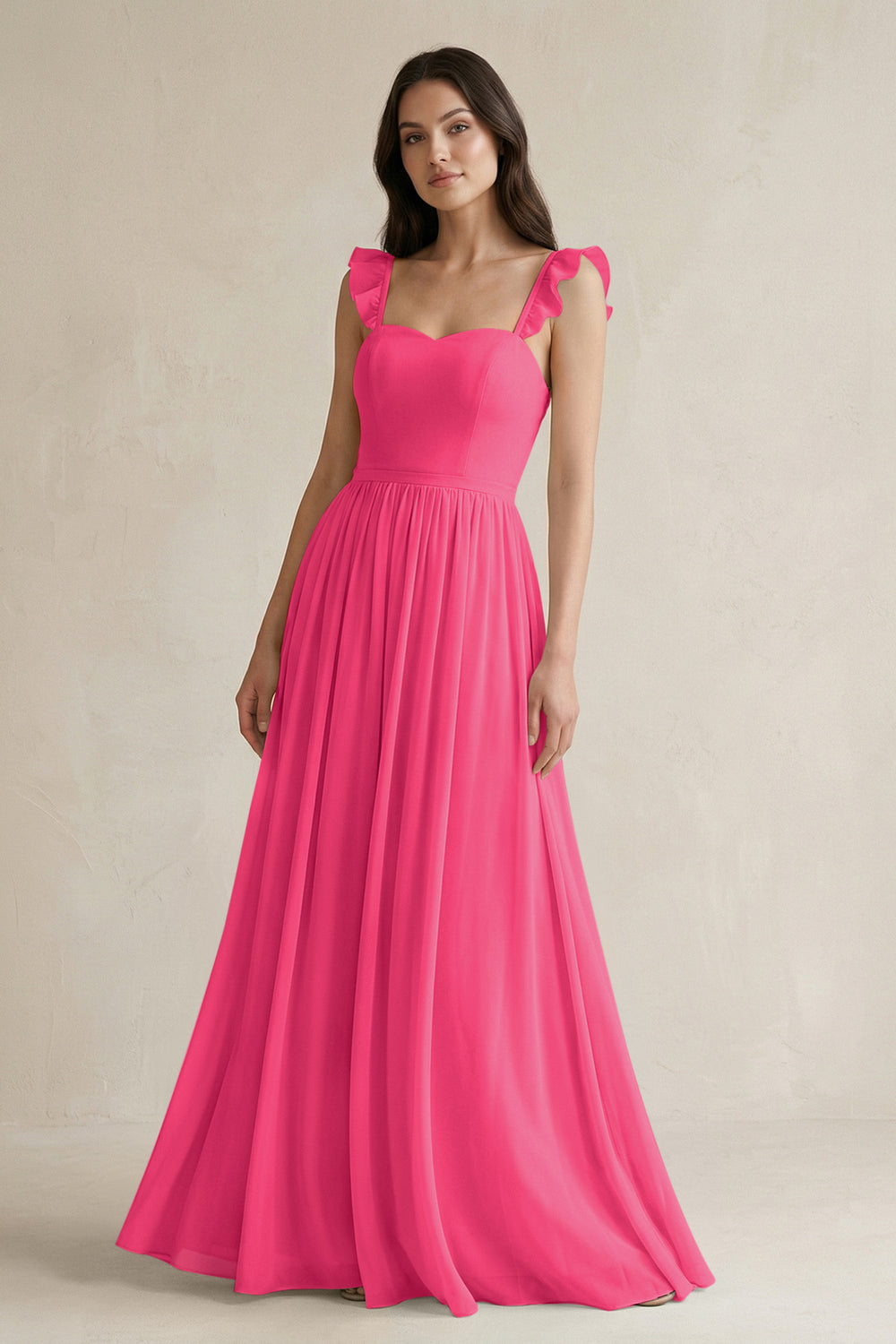 Ruffled Spaghetti Strap Chiffon A-Line Bridesmaid Dress in Fuchsia