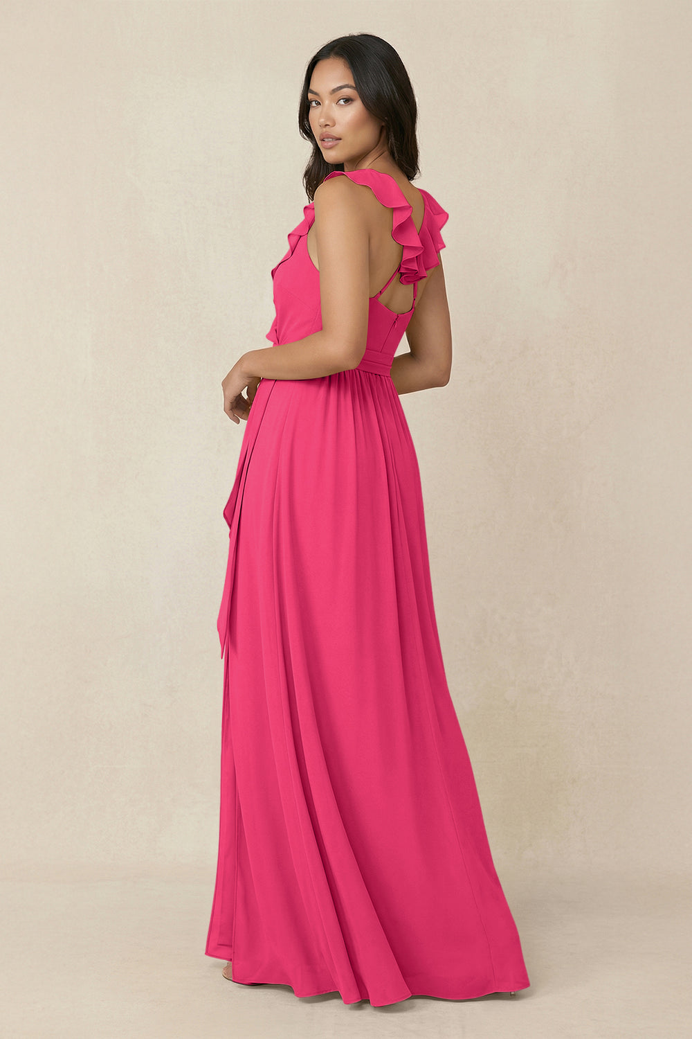 Ruffled V-Neck A-Line Chiffon Bridesmaid Dress in Fuchsia