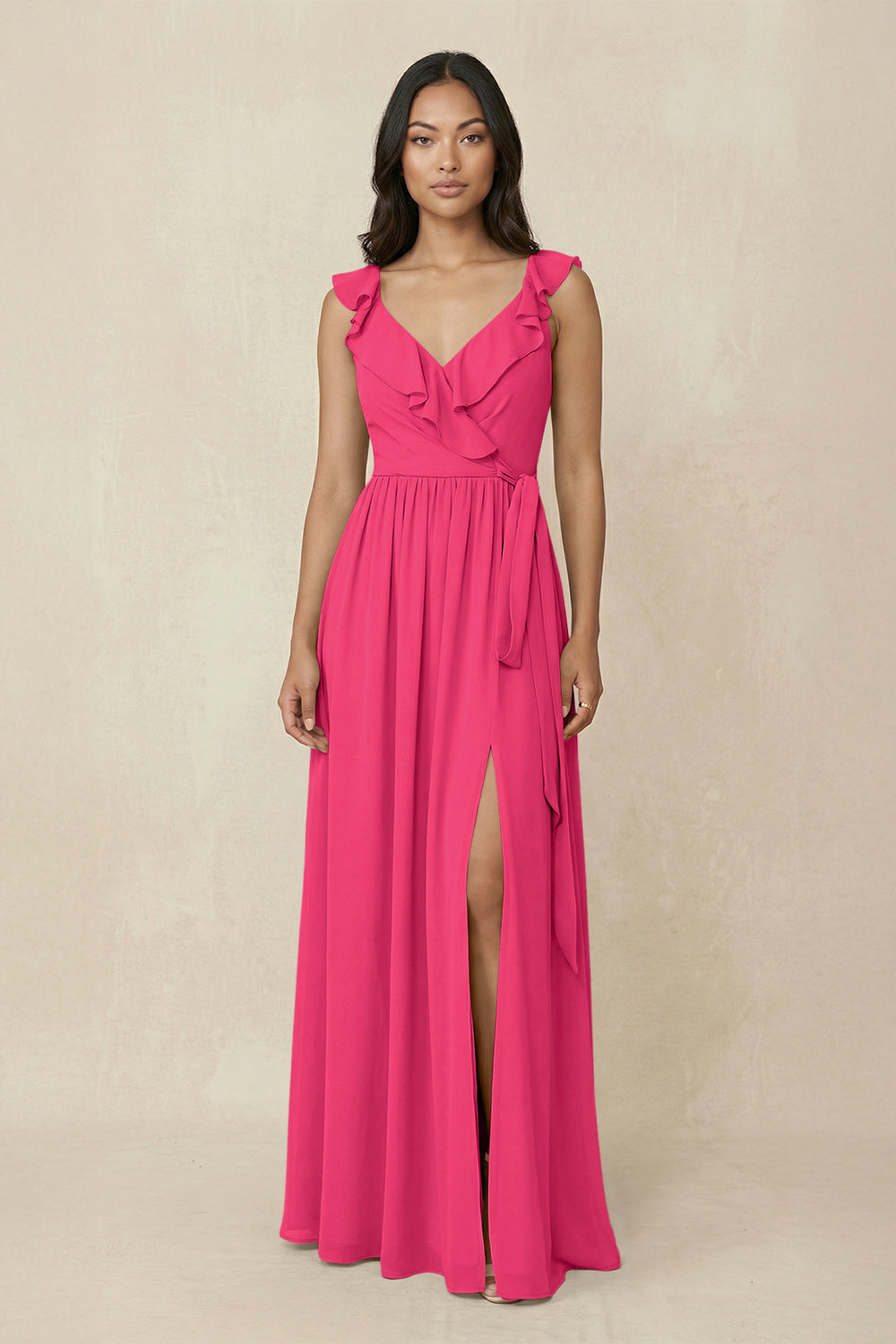 Ruffled V-Neck A-Line Chiffon Bridesmaid Dress in Fuchsia