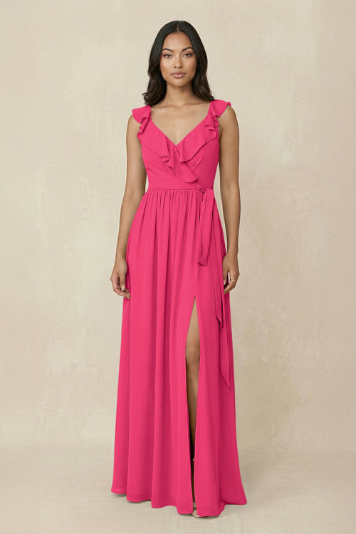 Fuchsia Ruffled V-Neck A-Line Chiffon Bridesmaid Dress | KISSBRIDAL