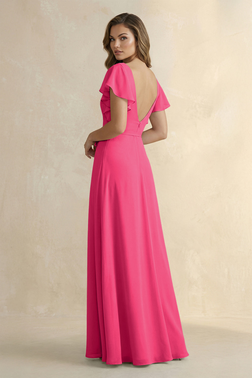 Ruffled V-Neck Chiffon A-Line Bridesmaid Dress in Fuchsia