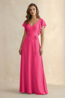 Fuchsia Ruffled V-Neck Chiffon A-Line Bridesmaid Dress | KISSBRIDAL