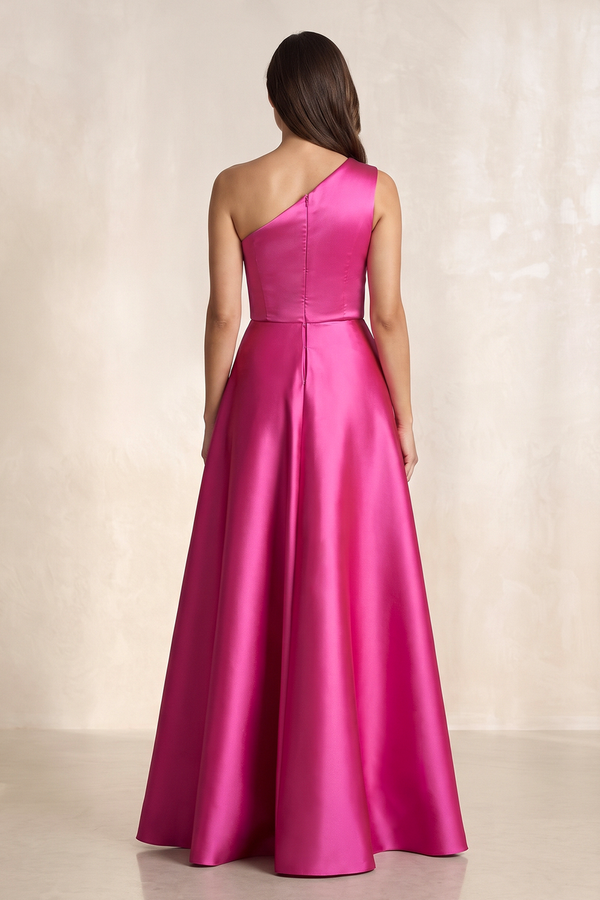 Fuchsia Satin One-Shoulder Sheath Mother of the Bride Dress (2) | KISSBRIDAL