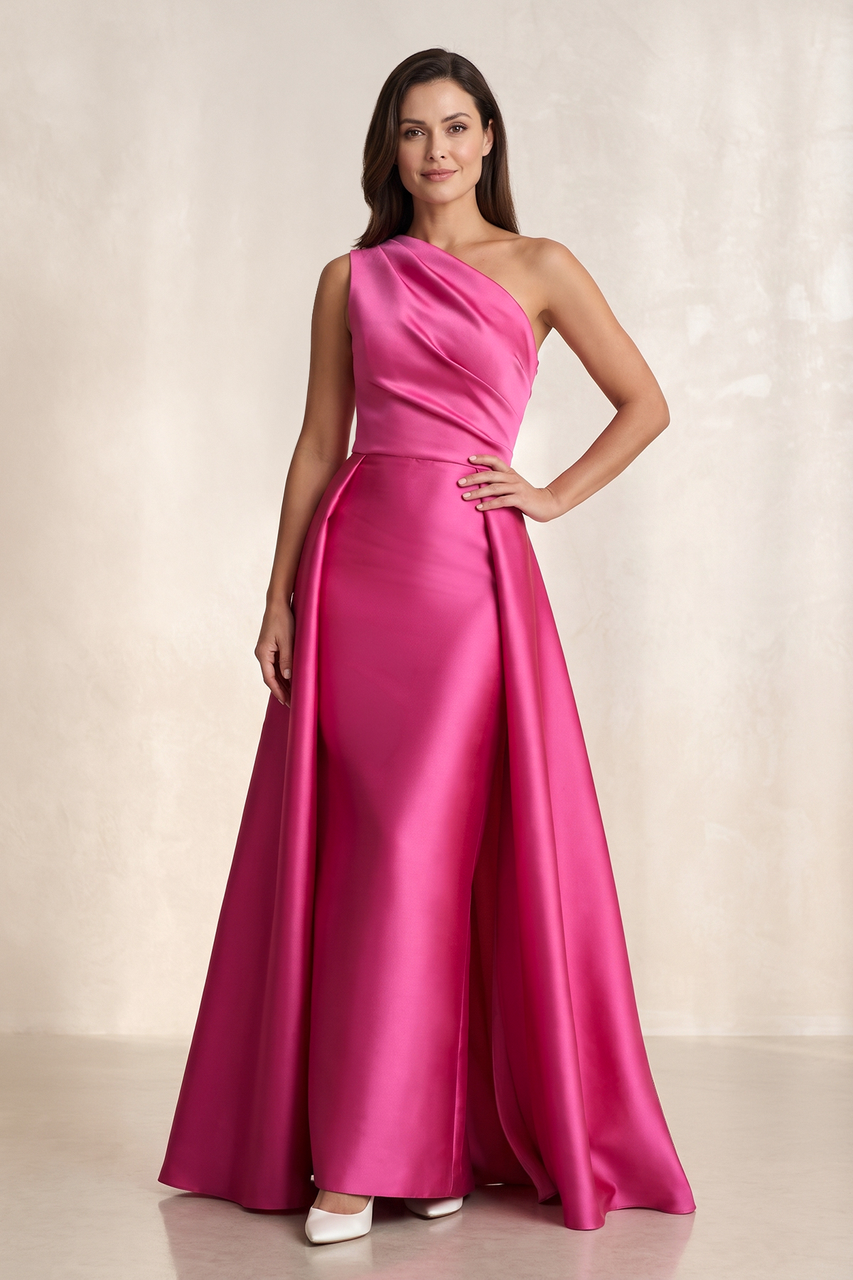 Fuchsia Satin One-Shoulder Sheath Mother of the Bride Dress
