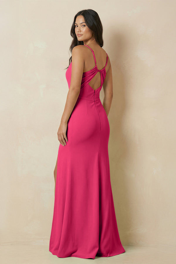 Fuchsia Sheath Cami Strap Chiffon Bridesmaid Dress with Slit (2) | KISSBRIDAL