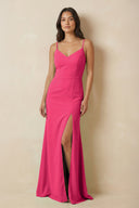 Fuchsia Sheath Cami Strap Chiffon Bridesmaid Dress with Slit | KISSBRIDAL