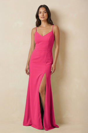 Fuchsia Sheath Cami Strap Chiffon Bridesmaid Dress with Slit | KISSBRIDAL