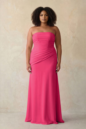 Fuchsia Sheath Chiffon Strapless Pleated Bridesmaid Dress (3) [sizeplus] | KISSBRIDAL