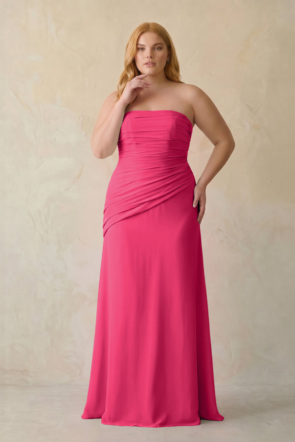 Fuchsia Sheath Chiffon Strapless Pleated Bridesmaid Dress [sizeplus] | KISSBRIDAL