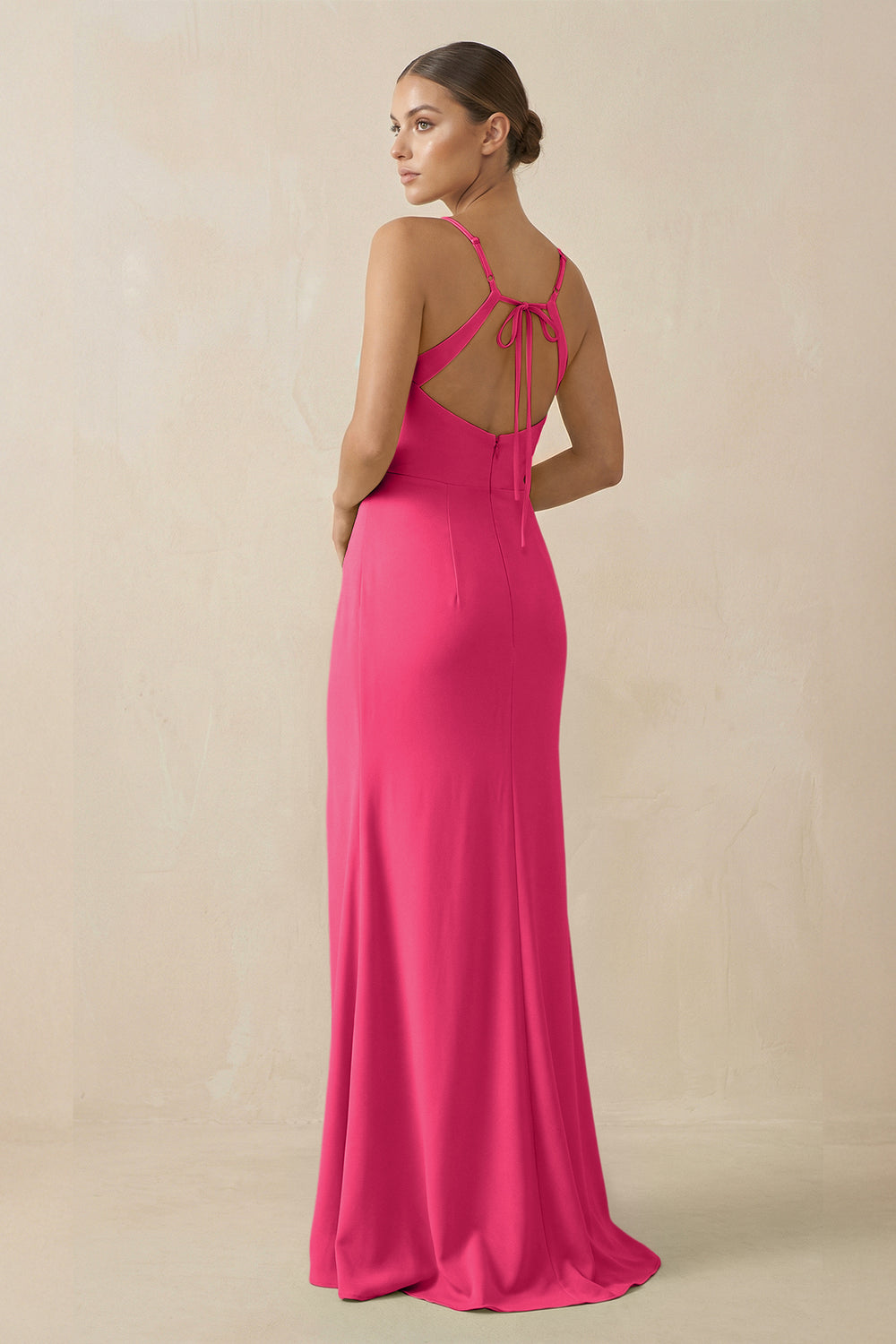 Sheath Spaghetti Straps Chiffon Long Bridesmaid Dress in Fuchsia