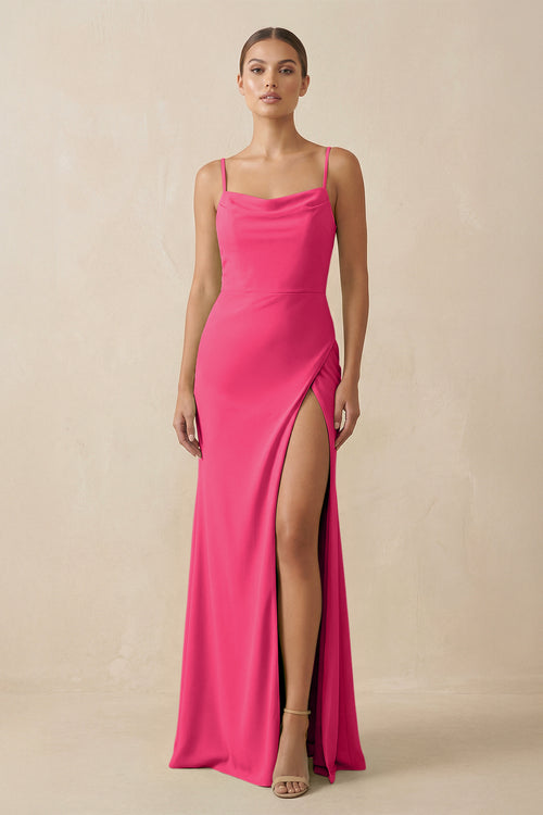 Fuchsia Sheath Spaghetti Straps Chiffon Long Bridesmaid Dress | KISSBRIDAL