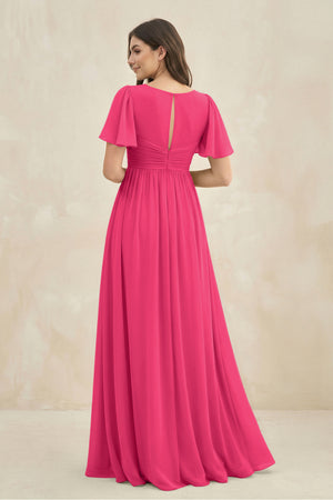 Fuchsia Short Sleeve Chiffon V-Neck A-Line Bridesmaid Dress (2) | KISSBRIDAL