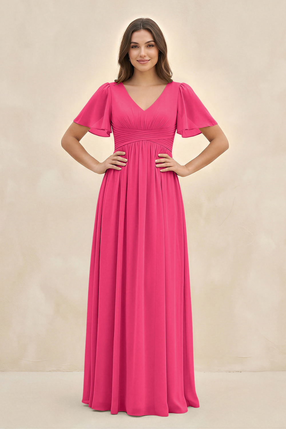 Short Sleeve Chiffon V-Neck A-Line Bridesmaid Dress in Fuchsia