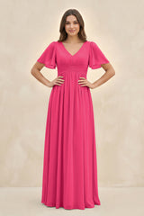 Fuchsia Short Sleeve Chiffon V-Neck A-Line Bridesmaid Dress | KISSBRIDAL