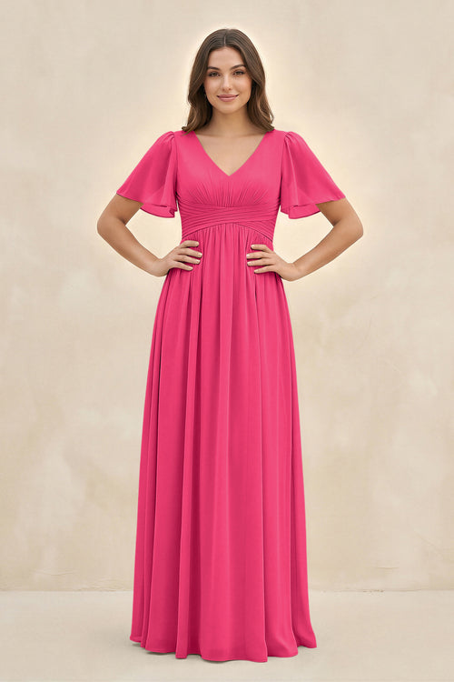 Fuchsia Short Sleeve Chiffon V-Neck A-Line Bridesmaid Dress | KISSBRIDAL