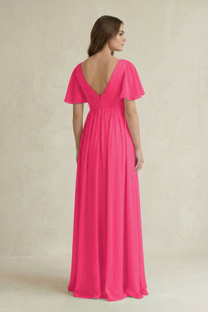 Fuchsia Short Sleeve V-Neck A-Line Chiffon Bridesmaid Dress (2) | KISSBRIDAL