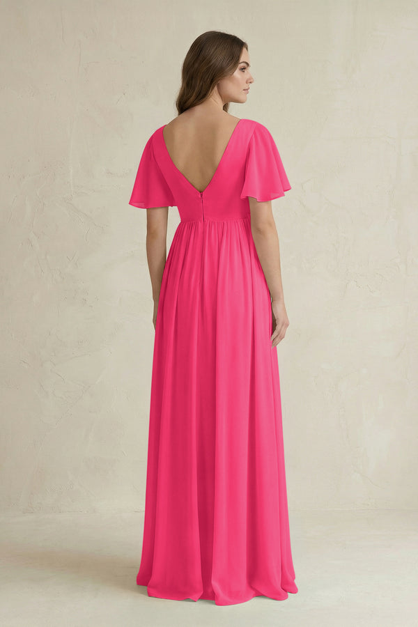 Fuchsia Short Sleeve V-Neck A-Line Chiffon Bridesmaid Dress (2) | KISSBRIDAL