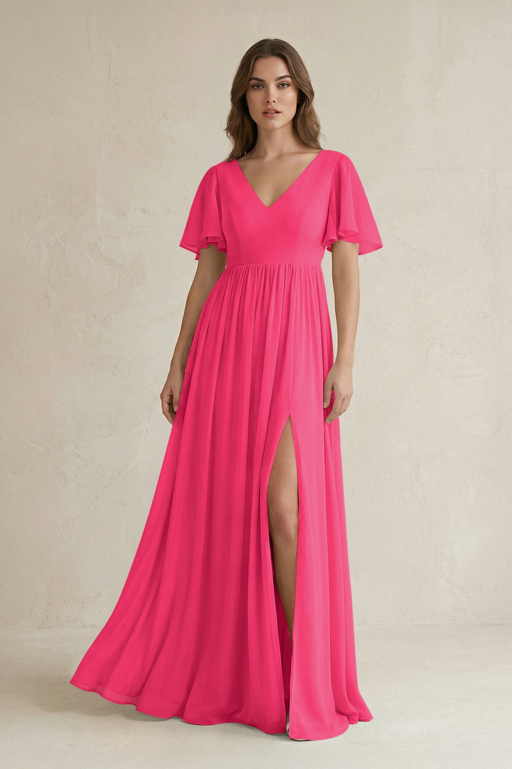 Short Sleeve V-Neck A-Line Chiffon Bridesmaid Dress in Fuchsia