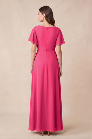 Fuchsia Short Sleeves Bateau A-Line Chiffon Bridesmaid Dress (2) | KISSBRIDAL