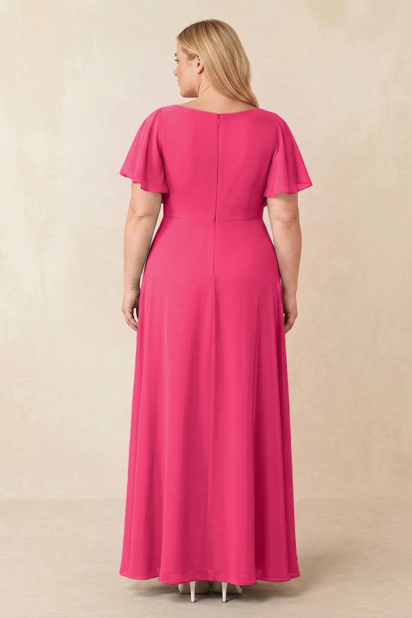 Fuchsia Short Sleeves Bateau A-Line Chiffon Bridesmaid Dress (2) [sizeplus] | KISSBRIDAL