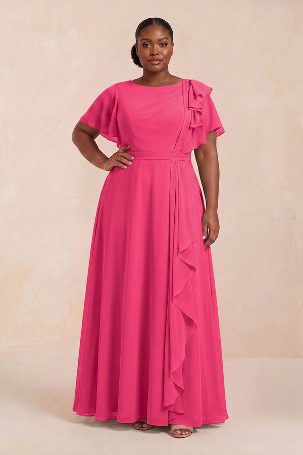 Fuchsia Short Sleeves Bateau A-Line Chiffon Bridesmaid Dress (3) [sizeplus] | KISSBRIDAL