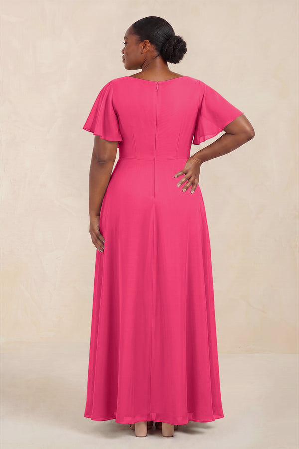 Fuchsia Short Sleeves Bateau A-Line Chiffon Bridesmaid Dress (4) [sizeplus] | KISSBRIDAL