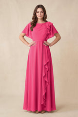 Fuchsia Short Sleeves Bateau A-Line Chiffon Bridesmaid Dress | KISSBRIDAL