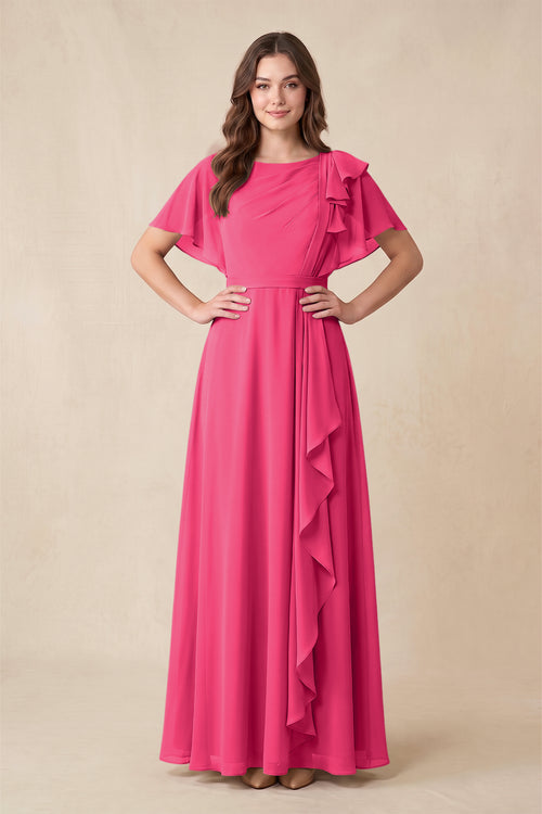 Fuchsia Short Sleeves Bateau A-Line Chiffon Bridesmaid Dress | KISSBRIDAL
