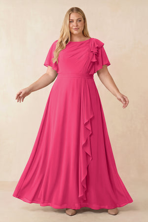Fuchsia Short Sleeves Bateau A-Line Chiffon Bridesmaid Dress [sizeplus] | KISSBRIDAL