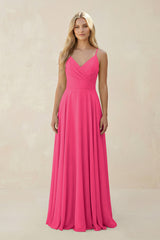 Fuchsia Spaghetti Strap A-Line Chiffon Bridesmaid Dress | KISSBRIDAL