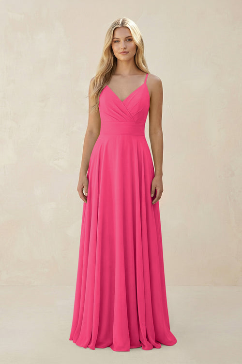 Fuchsia Spaghetti Strap A-Line Chiffon Bridesmaid Dress | KISSBRIDAL