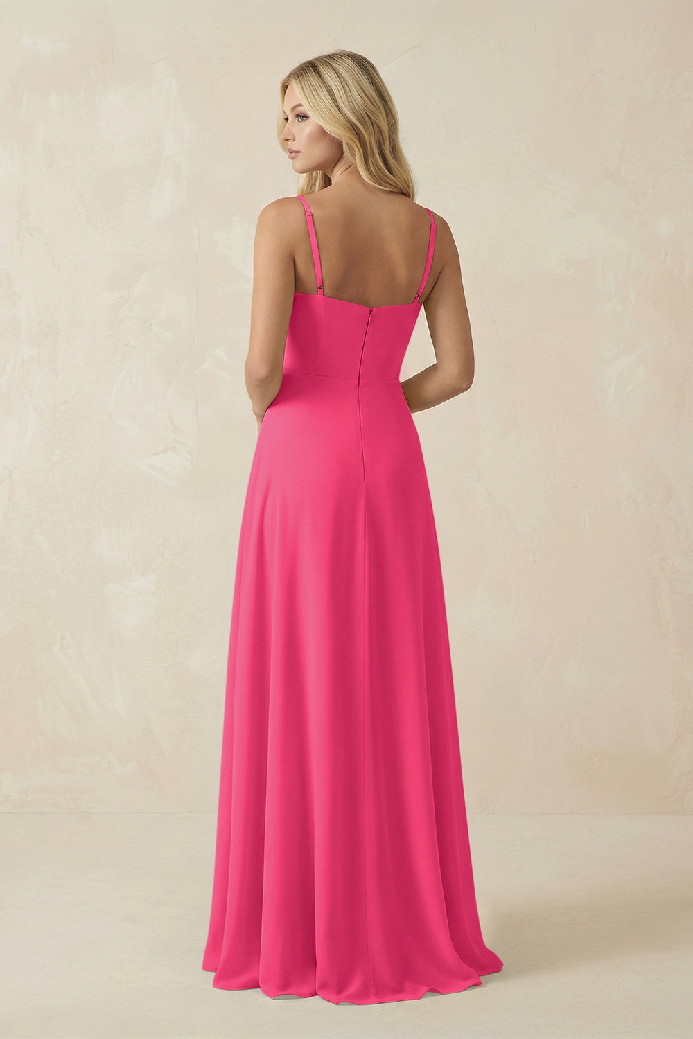 Spaghetti Strap Chiffon A-Line Bridesmaid Dress in Fuchsia