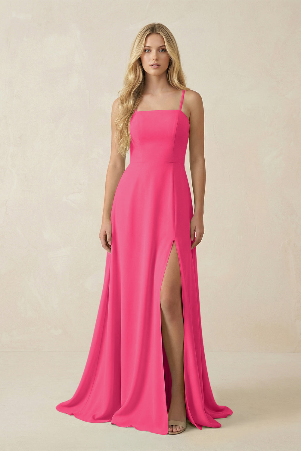 Spaghetti Strap Chiffon A-Line Bridesmaid Dress in Fuchsia