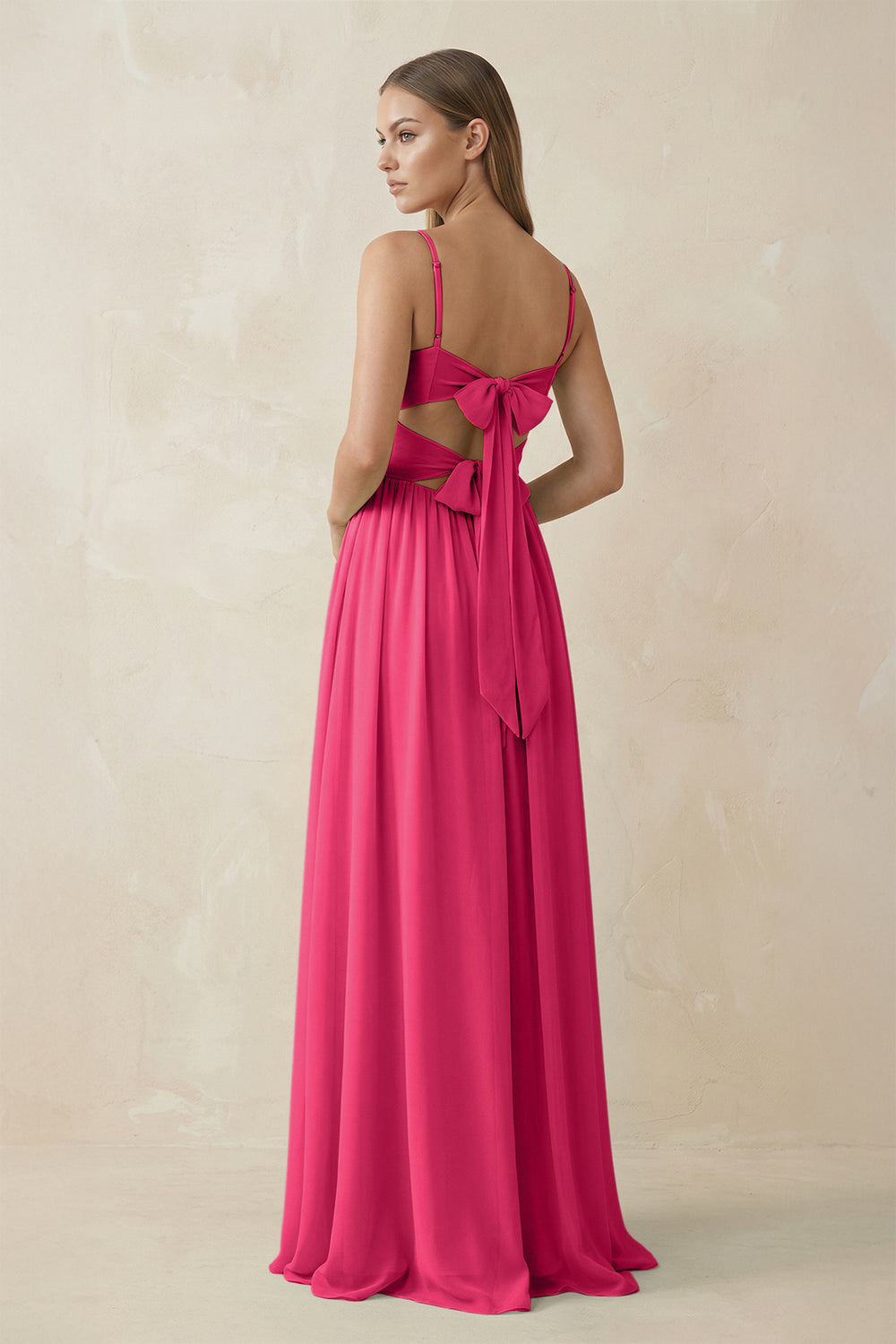 Spaghetti Strap Pleated A-Line Chiffon Bridesmaid Dress in Fuchsia