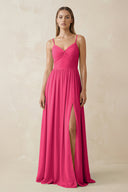 Fuchsia Spaghetti Strap Pleated A-Line Chiffon Bridesmaid Dress | KISSBRIDAL