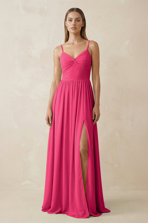 Fuchsia Spaghetti Strap Pleated A-Line Chiffon Bridesmaid Dress | KISSBRIDAL