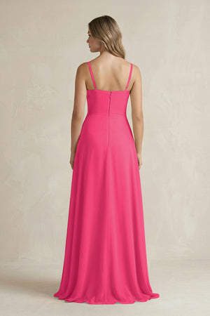 Fuchsia Spaghetti Strap Ruffled A-Line Chiffon Bridesmaid Dress (2) | KISSBRIDAL