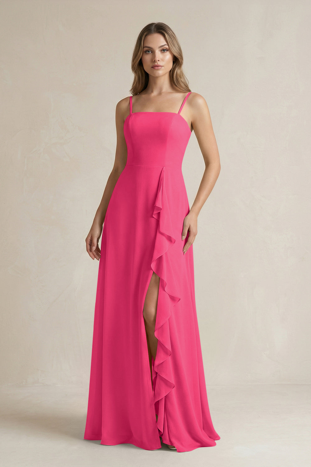 Spaghetti Strap Ruffled A-Line Chiffon Bridesmaid Dress in Fuchsia