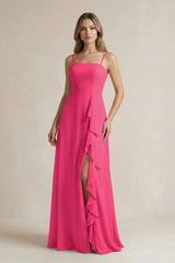 Fuchsia Spaghetti Strap Ruffled A-Line Chiffon Bridesmaid Dress | KISSBRIDAL