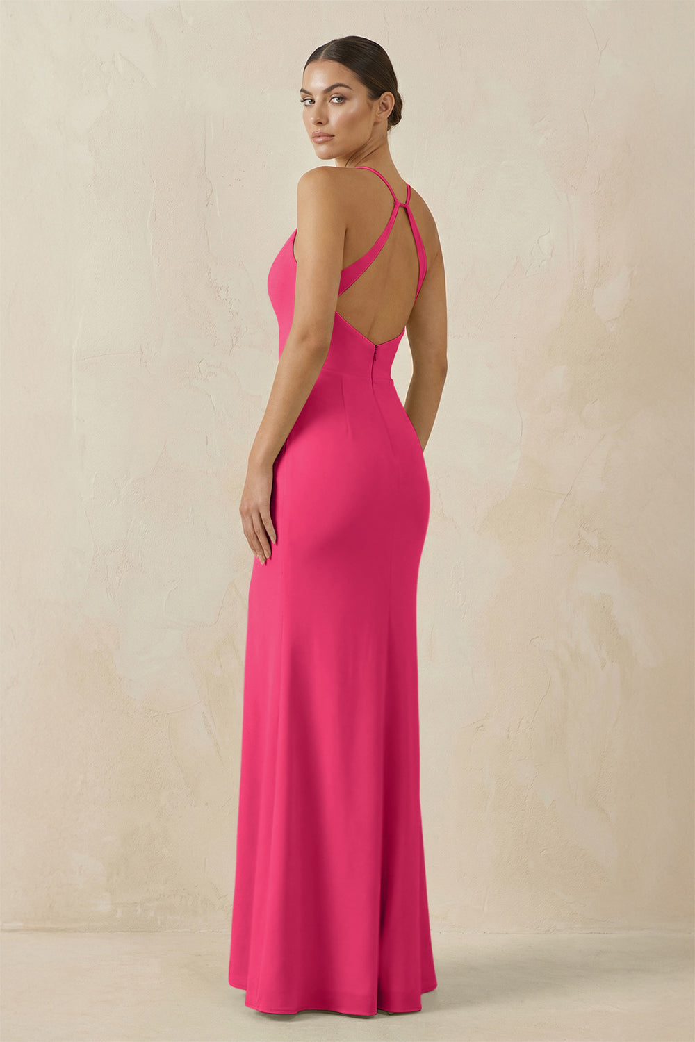 Spaghetti Strap Sheath Chiffon Bridesmaid Dress With Slit in Fuchsia