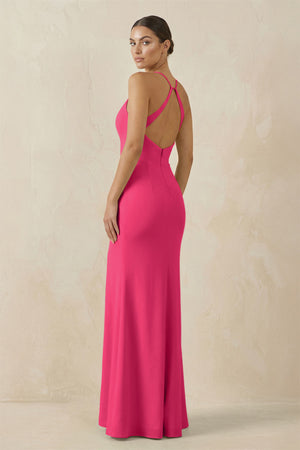 Fuchsia Spaghetti Strap Sheath Chiffon Bridesmaid Dress With Slit (2) | KISSBRIDAL